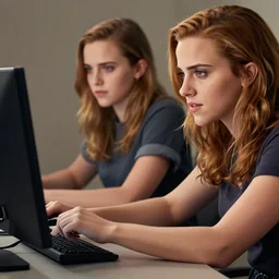 a girl who is a mix of emma watson and scarlett johansson and nathalie portman, plugging herself to a computer through an usb cable and a port in her arm, very detailled, by david rutkowski and artgem