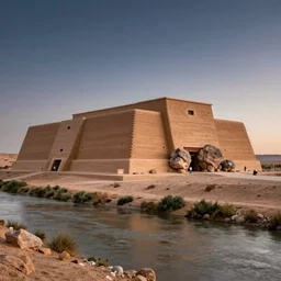 photo of a museum in a dessert next to river, the museum is made out of rammed earth with huge rock in the front, the museum is huge, the sky has stars and air with dusk, the view is street view, 8 0 k, octane,