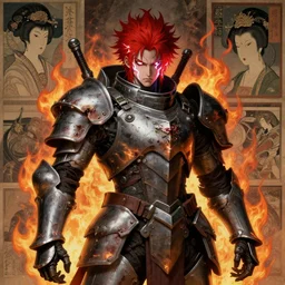 composition portrait of gothic and futuristic, warhammer, cyber japan style armor, more and more scars, firestorm, red head, lightning in eyes, highly detailed, artstation, in the style of moebius, jugendstil and classic japanese print, art by jean delville and rene magritte