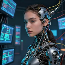 beauty woman emerging from wires and digital displays, very detailed, dramatic lighting, mechanical details, electrical details, high details, 4k, 8k, trending on artstation, by Hajime Sorayama and Boris Vallejo