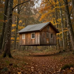 hut floating in midair, hovering above the forest floor in autumn, matte painting