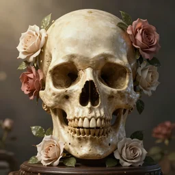 skull bust, technology vs nature, split in half, extruded out of the face, roccoco roses, beautiful natural soft light, unreal engine, octane render, photorealistic by michael komarck, greg rutkowski, victo ngai, artgerm, willem claesz heda and j. dickenson