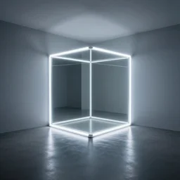 a neon cube illuminating an empty mirror room, 4 k