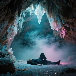 man on floor, cave with crystals, glitter, volumetric light, foggy, smokey, moody, kodak photography, cyan and pink light
