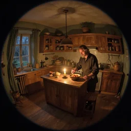 epic illustration fisheye lens of a wooden kitchen dim lit by 1 candle in a scenic environment by Anton Fadeev and Steve Purcel