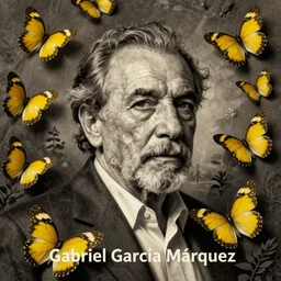 Gabriel García Márquez surrounded by yellow butterflies, puntillism, high resolution