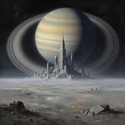 a gorgeous bleak and desolate sci - fi painting by john harris, sparth and greg rutkowski. beyond the horizon, future city, huge saturn ring!! the low earth orbit space war. ultra clear detailed. 3 d, octane render. 8 k