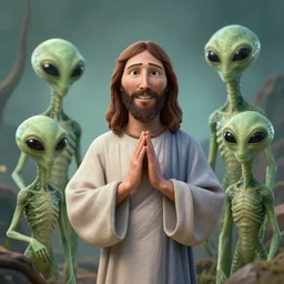 jesus welcomes aliens, digital art, art station, octane render, 4 k, high quality, high details,