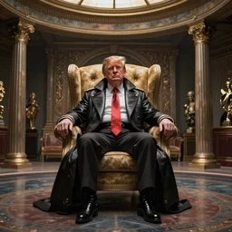 dramatic movie composition photograph,!!! baron harkonnen!!! as! donald trump! sitting on a chair inside a room designed by'h. r. giger ', in the style of alejandro jodorowsky, wide angle lens, cinematic lighting, cinematic color grading