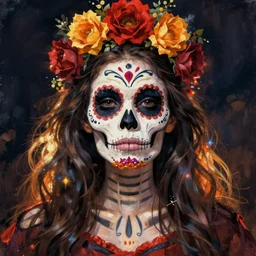 Illustration of a sugar skull day of the dead girl, art by Jeff Koons