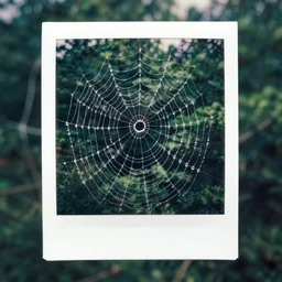 analog polaroid of a spider web with raindrops on it, green forest visible in the background