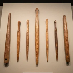 a collection of uncovered wooden tools from the palaeolithic era, museum exhibit