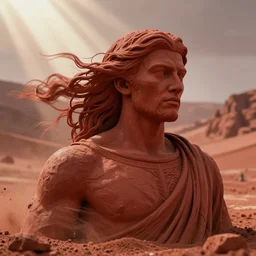 cinematic still of a gust of wind blowing red clay into the shape of a red clay sculpture of 30 year old middle eastern man head and shoulders, strong, muscular, mysterious, fantastical, miraculous, epic, light rays, cinematic, Biblical epic directed by Steven Spielberg