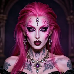portrait of pink vampire, symmetric, facepaint facepaint facepaint, intricate jewelry, trending on artstation 4 k, high quality, in the style of karol bak and tom bagshaw, tattoos