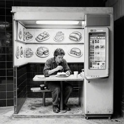 sadie sink as a coal miner : eats bread at a table. inside a minimalist dirty automated kiosk. bright tasty food options displayed on a wall. black tiles on walls. black and white, pencil and ink. by gabriel hardman, joe alves, chris bonura. cinematic atmosphere, detailed and intricate, perfect anatomy
