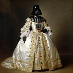 a beautiful full body portrait of darth vader in a lavish court dress, art by franz xaver winterhalter, highly detailed, elegant, jewlery, romanticism, rococo, neoclassicism, 1 8 5 0 s style painting, oil on canvas, vivid