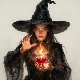 character concept portrait of anna de armas as a witch with a big black pointy hat casting a spell, a floating burning love potion in the center, intricate, elegant, digital painting, concept art, smooth, sharp focus, illustration, from Metal Gear, by Ruan Jia and Mandy Jurgens and William-Adolphe Bouguereau, Artgerm