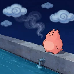 nightscape chubby cartoon concept art, wall with drain on the edge of the river, spiral clouds, sam and max, liquid smoke
