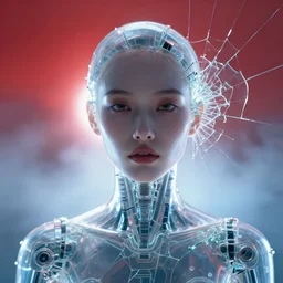 ( symmetry ) closeup portrait of a transparent vaping cyborg girl, shattered glass, cinematic light, backlight, red sky blue, misty, by mikhail vrubel, by philippe druillet, by peter elson, by gerald brom, muted colors, ( ( extreme detail ) ), trending on artstation, 8 k