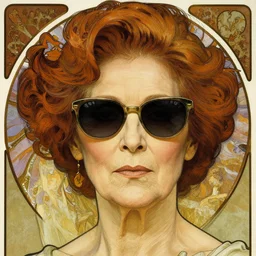 close-up portrait of elegant mature plumptious older woman wearing sunglasses, hyperdetailed detailed, by Alphonse Mucha, Ayami Kojima, Amano, Charlie Bowater, Karol Bak, Greg Hildebrandt, Jean Delville and Mark Brooks, Art Nouveau, Neo-Gothic, gothic, deep rich colors