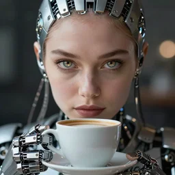 ultra detailed portrait of a futuristic cybernetic cyborg with a cup of coffee, by tom bagshaw and anna dittman, perfect eyes and face, catchlight in the eyes, 5 0 mm lens, biomechanical robot, perfect hands, deep depth of field, artstation, 8 k