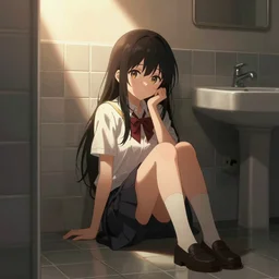 school girl sitting on the tiles in the school bathroom - dramatic cozy portrait art by wlop and okuda genso. featured on pixiv, anime aesthetic. pixiv, warm aesthetic, rays of light, volumetric light, artstation, vanitas, official art, gothic, noise film photo. octane render, redshift render, ue 4