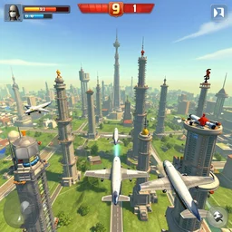 a screenshot from the video game super 9 / 1 1, in which players control planes and intend to hit as many towers as possible
