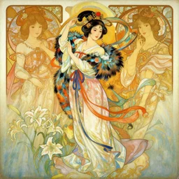 oil painting by john singer sargent, yoshitaka amano, alfons mucha and makoto shinkai. chinese taoist fairy goddess played by liu yifei, colorful clothes and feather clothes of the tang dynasty, hyper detailed, character concept, full body, dynamic pose, intricate, lineart, cerpuscular rays, lily flowers. 8 k
