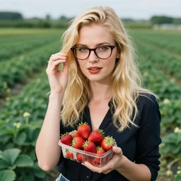 A beautiful Blonde Woman with Locks and glasses selling strawberries in the style of Sophie Anderson, Portrait