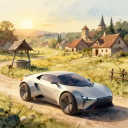 a watercolor painting of a futuristic car in a rural medieval village, golden hour time, with water wells, trending on artstation