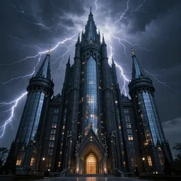 building concept, symmetrical, big dark castle with glass. detailed, high quality, scnenematic, dynamic dark lightning, fantasy, scenematic. artwork by artgerm, wlop, alex ross, greg rutknowski, alphonse mucha