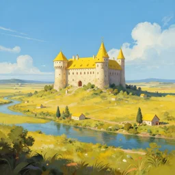 Fantasy solitary Castle on a plain, near a river, yellow roofs. Joyful matte painting by Noah Bradley and Craig Mullins, 4k ultra detailed, great composition cinematic.