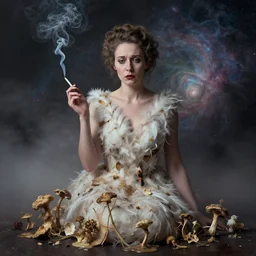 photographic portrait of sad max ernst woman swan dried melting floral fungus with spiraling cigarette smoke, wearing a dress made of feathers, helix nebula, in fog