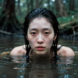 1 9 7 0 s movie still close - up of a skinny white japanese female ghost face going out of water puddle, swamp backround, cinestill 8 0 0 t 3 5 mm eastmancolor, heavy grain, high quality, noir, natural textures, photorealistic, ambient occlusion, hd, ultra wide lens, anamorphic,