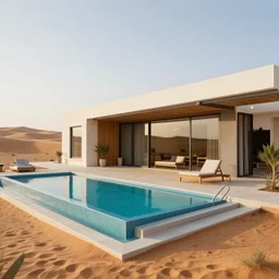 modern house in the middle of desert, pool, professional photography