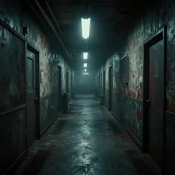 horror facility hald - lit corridor, scp containment breach, unreal engine 5, rtx, next - gen graphics, aaa game trailer, cinematic lighting