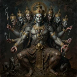 a cinematic masterpiece dark gothic portrait of exotic mystical gothic colossal asura king ravan with ten heads from ramayan, by hieronymus bosch, tim hildebrandt, wayne barlowe, bruce pennington, zdzisław beksinski, oil on canvas, masterpiece, trending on artstation, featured on pixiv, cinematic composition, beautiful lighting, sharp, hyper - detailed, no frames, hd, 8 k