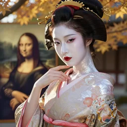 sexy glamorous Geisha closeup portrait, beautiful pale makeup, pearlescent skin, elegant pose, very detailed, highly detailed kimono, photorealism, sharp focus, soft diffuse autumn lights, some sunlight ray, zen temple background, painted by Leonardo da vinci and moebius