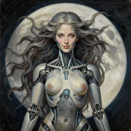 perfectly centered portrait front view of a beautiful biomechanical moon goddess, flowing hair, intense stare, sweet sarcastic smile, symmetrical, concept art, intricate detail, volumetric shadows and lighting, realistic oil painting by pablo picasso, gustave dore,