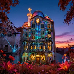 abandoned by antoni gaudi, at dusk magic realism thermal vision scumm bar sunset infrared cyberpunk meadow lightpaint neon signs at dawn rainforest alien bladerunner 2 0 4 9 fisheye laser flowers uv light tron reclaimed by nature anime thermal imaging dramatic lighting nightsky, archdaily, wallpaper, highly detailed, trending on artstation.