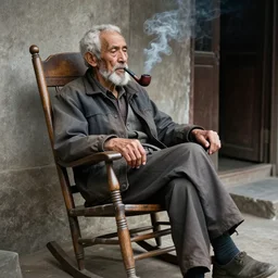 a very old!!!!! man sitting in a rocking chair, he is smoking a pipe