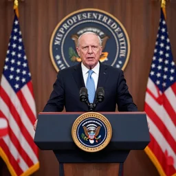 marionette president in a podium giving a press conference