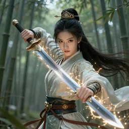 hyperrealistic face detailed chinese sword warrior, ultrafine illustration by chen uen / ma wing shing / ikegami ryoichi, highly detailed, digital painting, glowing magic around her, divine proportion, cinematic light, ancient chinese bamboo forest, heroine action pose, 4 k octane render