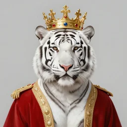 professional painting of a white tiger with a king's crown and costume, professional photo session, global light, volumetric light, low contrast, black and white, analog filter