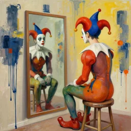 jester sitting on a stool looking into a mirror by james jean and beeple luc tuymans and hernan bas and hilma af klint, abstract background, psychological, dripping paint, high quality render, masterpiece