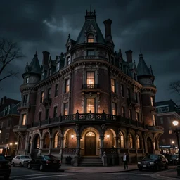 photo of a haunted gothic hotel, 1920s boston overlooking a dark street, lovecraft, paul carrick, dark,  atmospheric lighting, intricate, ultra detailed by Paul Carrick, Lee Gibbons, Leesha Hannigan, Thierry Doizon, Kai Carpenter, well composed, best on artstation, cgsociety, epic, stunning, gorgeous, intricate detail, wow, masterpiece