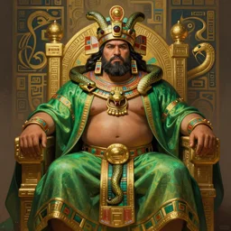 full figure portrait of a beautiful aztec fat strong man, snake cape, squared beard, rich cerimonial mantle, d & d character, aztec decorated throne background, by greg rutkowski and alphonse mucha, d & d character, gradient green to gold, highly detailed portrait, digital painting, concept art, smooth, sharp focus illustration, artstation hq