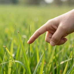 a highly detailed realistic hand with pointing finger indicates a single blade of grass in a beautiful sunlit meadow, close - up, hyper - detailed, verdant, beautiful