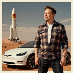 elon musk, wearing a plaid shirt, standing next to a tesla car, smiling, looking at the sky, on mars, rockets in the background, long shot, digital art, highly detailed, a vintage american poster by j. howard miller,