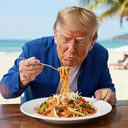 donald trump eating pad thai on the beach